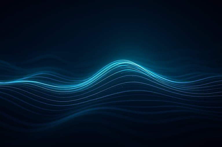 Visualización abstracta del tráfico de red cifrado simbolizado como ondas de datos azules brillantes sobre un fondo oscuro, que representa el flujo de metadatos y el análisis de patrón de vida.
